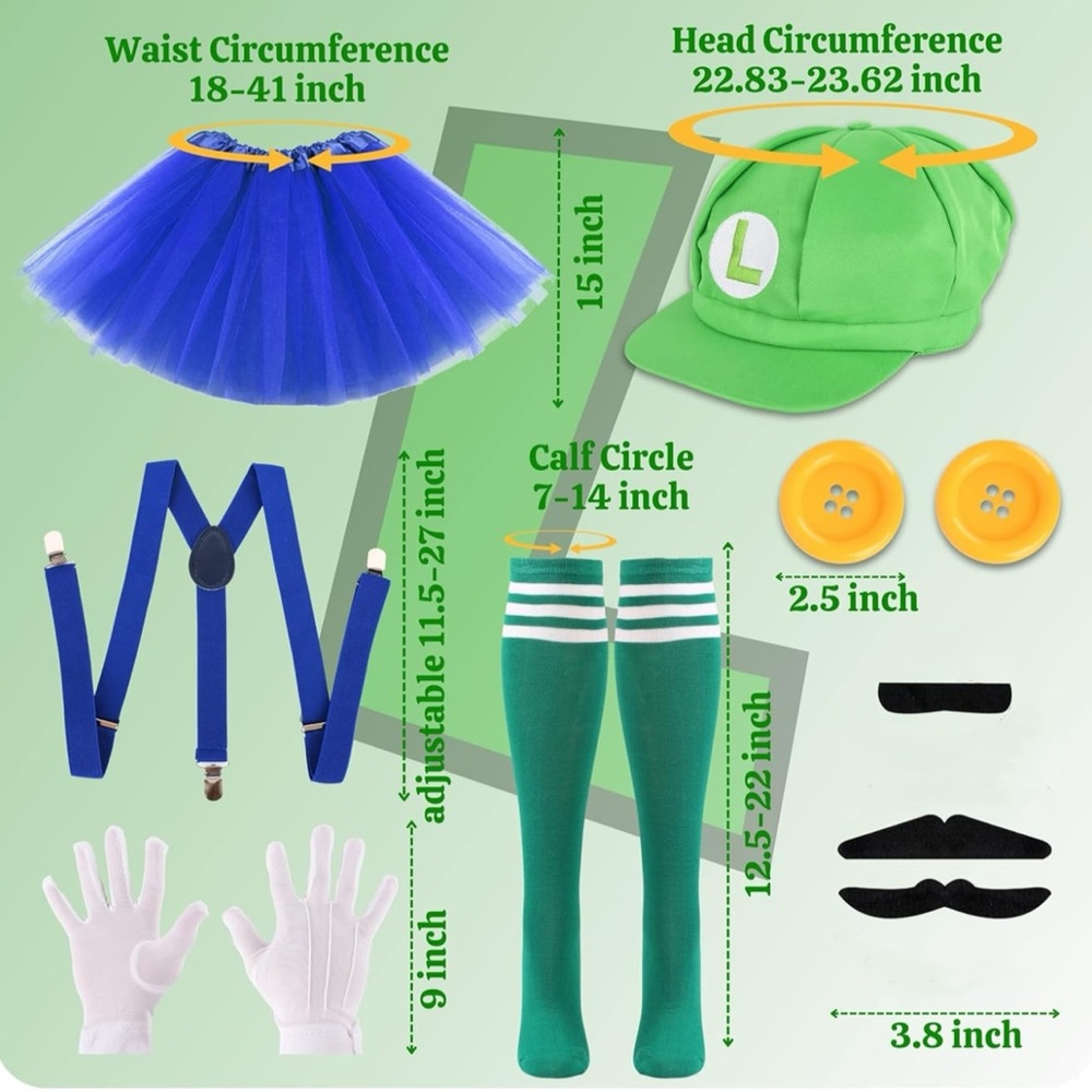 Luigi Inspired Costume Set Green Hat Blue Tutu Suspenders Gloves Adult - Picture 5 of 7